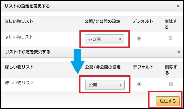 「公開」に変更してから「送信する」をクリック。